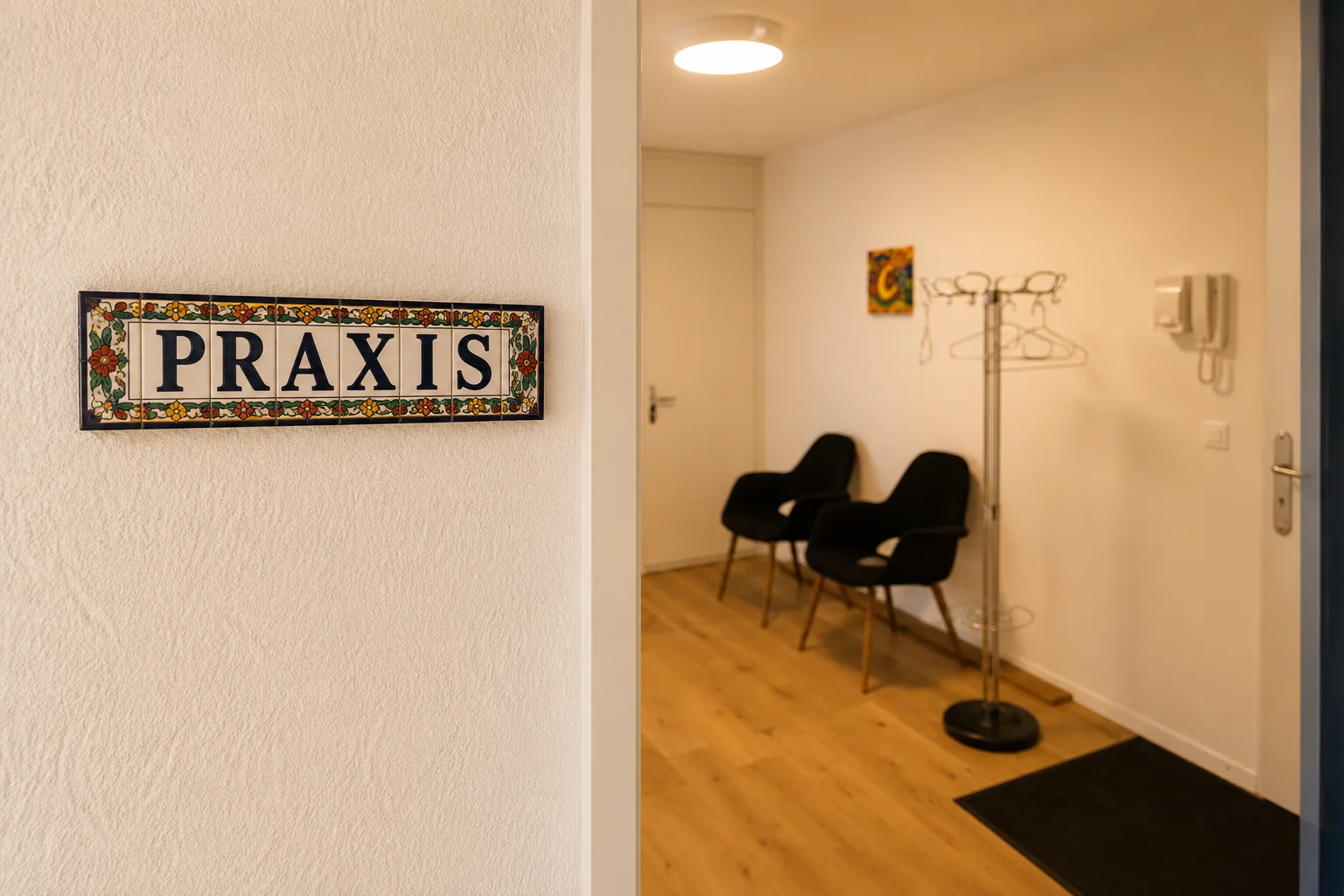 Eingangsbereich der Praxis Dr. René Hess in Bern mit Praxisschild und Wartebereich