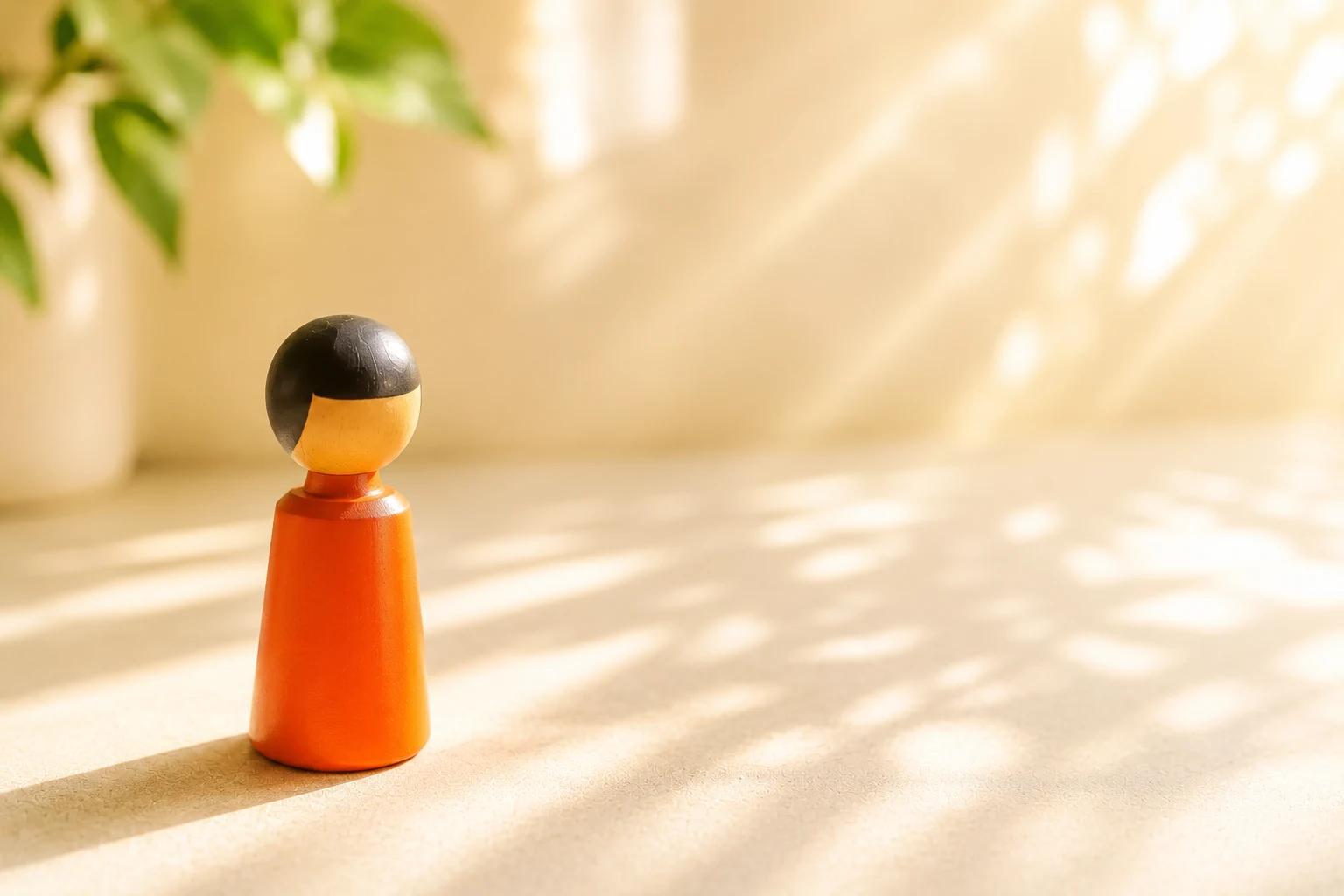 Einzelne Holzfigur im warmen Licht als Symbol für persönliche Entwicklung und Psychotherapie